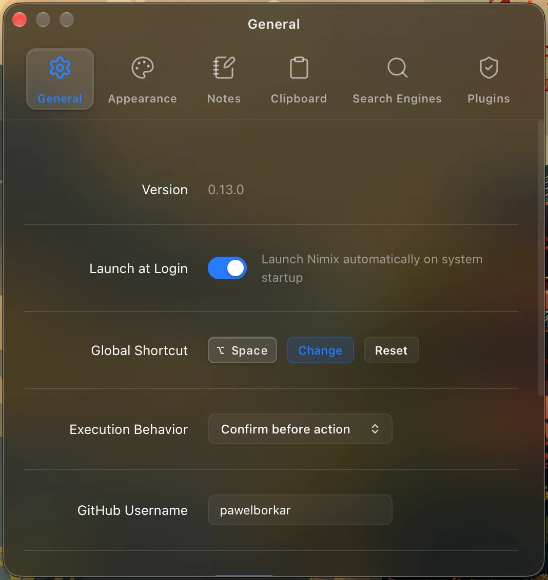 Nimix general settings showing launch at login, global shortcut, and execution behavior