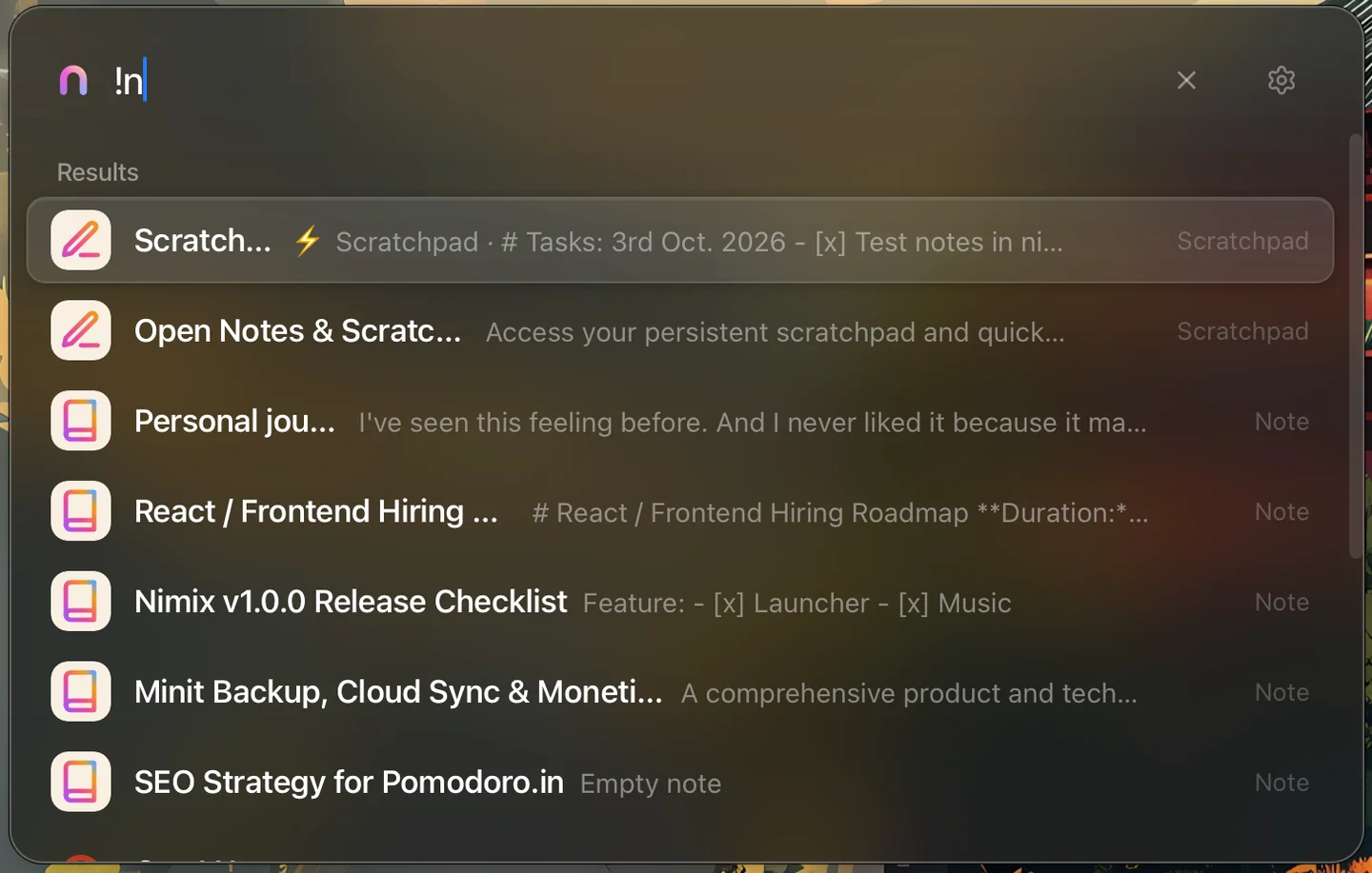 Nimix search results showing the daily scratchpad, personal notes, and a release checklist