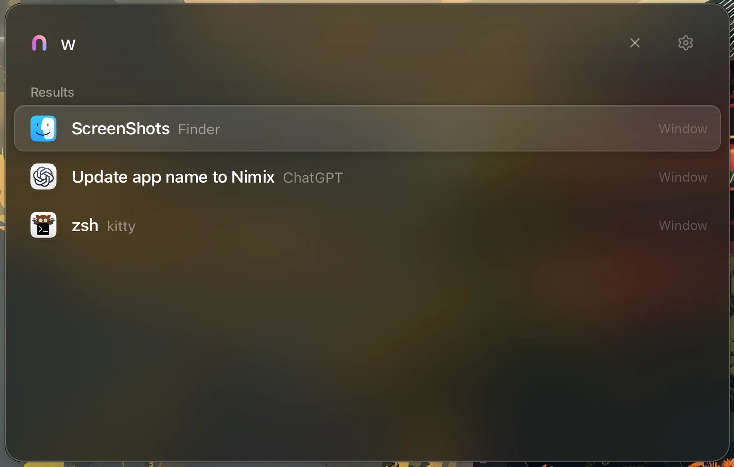 Nimix window switcher listing open Finder, ChatGPT, and terminal windows
